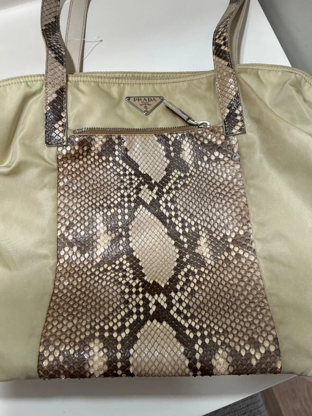 Prada beige nylon shoulder bag with genuine python accents